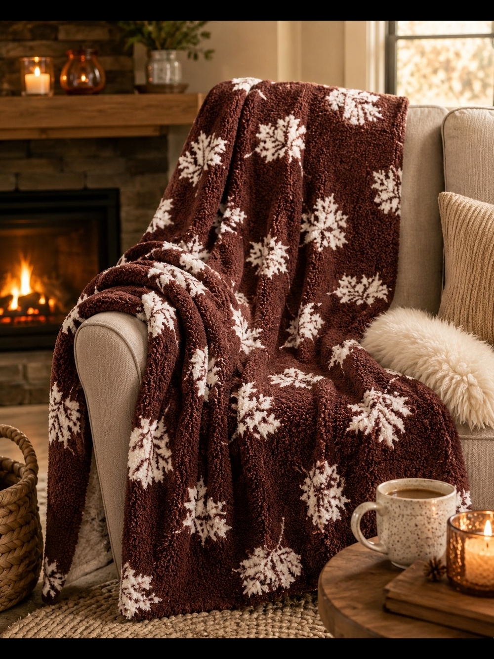 Plush Leaf Sherpa Throw Blanket - Brown/White